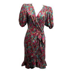 Vintage 80s Silk Feminine Elegant Ruffle Hem Puff Sleeve Sz 8 Floral Midi Dress